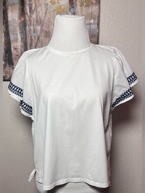 Weekend Max Mara White Tee with Navy Embroidered Trim